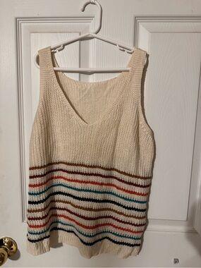 Women’s Cream Knit V-Neck Sleeveless Sweater with Multicolor Stripes - medium